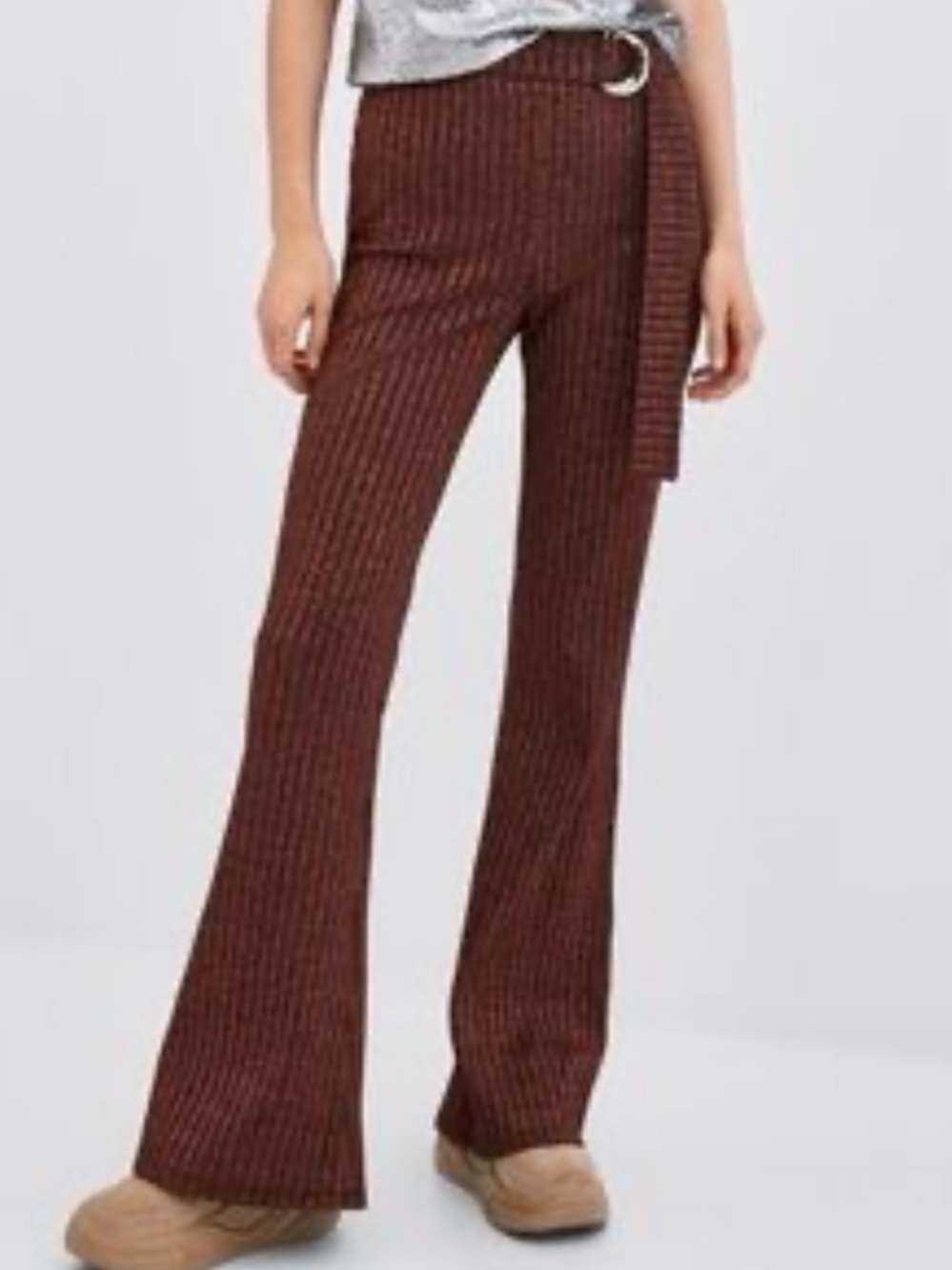 Women's Brown Ribbed Flare Pants with D-Ring Tie Zara large